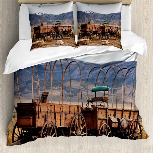 Abakuhaus Copripiumino Stall-Holz-Wagon Wheel, Stile Occidentale, Antiacaro, Adatto A Chi Soffre Di Allergie, Con Federe, 200 Cm X 200 Cm - 80 X 80 Cm, Marrone Bianco-image