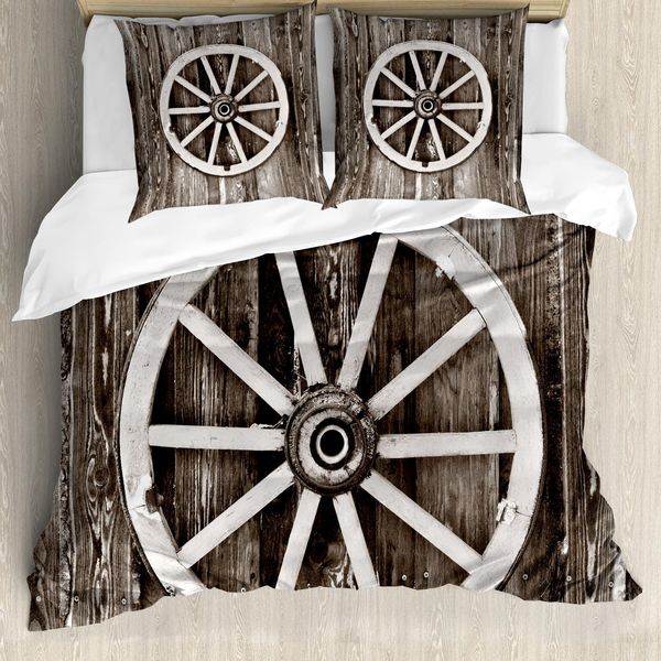 Abakuhaus Copripiumino Stall-Holz-Wagon Wheel, Parete In Legno, Antiacaro, Adatto A Chi Soffre Di Allergie, Con Federe, 200 Cm X 200 Cm - 80 X 80 Cm, Marrone Scuro E Bianco-image