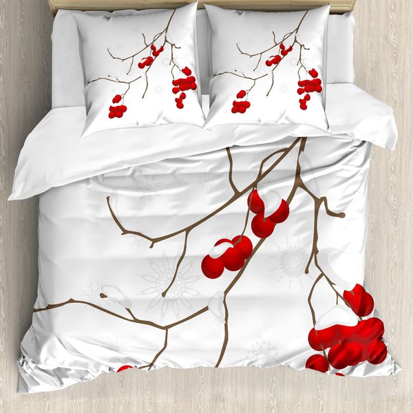 Abakuhaus Copripiumino Eberesche, Motivo Con Neve, Antiacaro, Adatto A Chi Soffre Di Allergie, Con Federe, 200 Cm X 200 Cm - 80 X 80 Cm, Rosso Bianco Umbra-image
