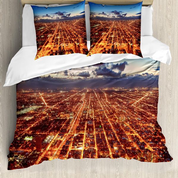 Abakuhaus Copripiumino, Chicago Downtown Air, Antiacaro, Adatto A Chi Soffre Di Allergie, Con Federe, 200 Cm X 200 Cm - 80 X 80 Cm, Arancione Scuro, Arancione, Blu-image