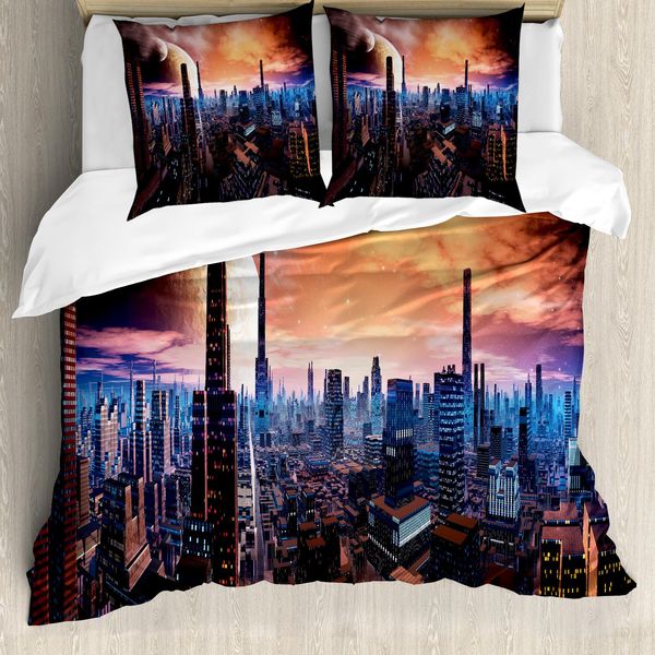 Abakuhaus Copripiumino, Mondo Futuristico Lontano, Antiacaro Adatto A Chi Soffre Di Allergie Con Federe, 200 Cm X 200 Cm - 80 X 80 Cm, Arancione Blu Cannella-image