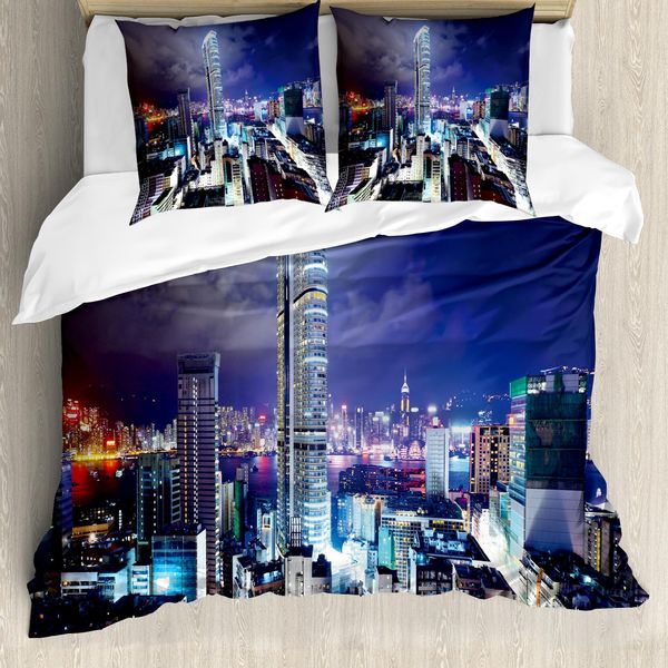 Abakuhaus Copripiumino Stadt, Downtown Hong Kong Night, Antiacaro, Adatto A Chi Soffre Di Allergie, Con Federe, 200 Cm X 200 Cm - 80 X 80 Cm, Multicolore-image
