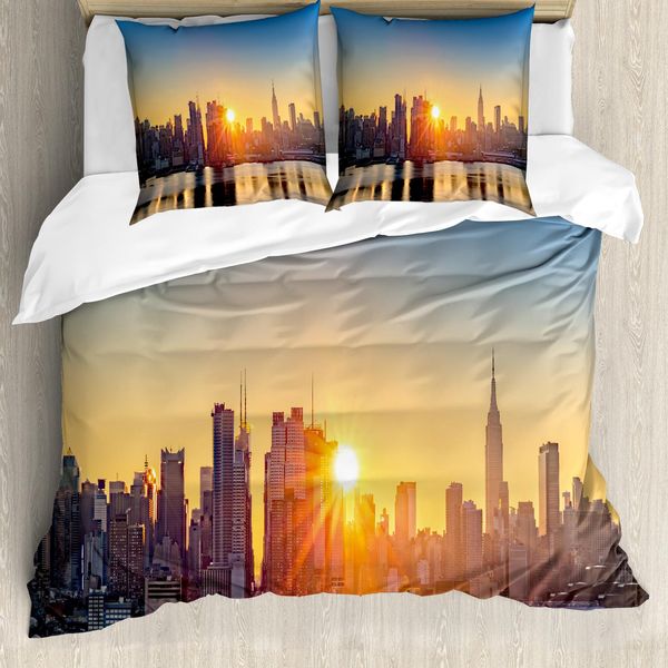 Abakuhaus Copripiumino, Tranquillo Tramonto In Centro Città, Antiacaro, Adatto A Chi Soffre Di Allergie, Con Federe, 155 Cm X 220 Cm - 80 X 80 Cm, Pale Blue Peach Tan-image