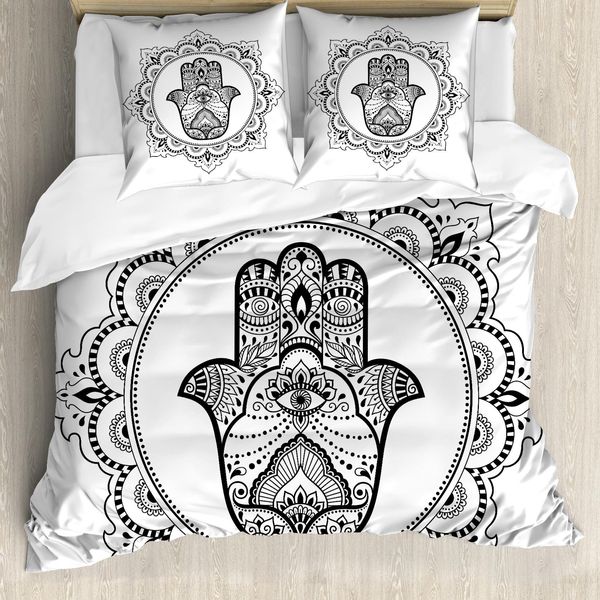 Abakuhaus Copripiumino Hamsa, Mehndi Mandala Oriental, Antiacaro, Adatto A Chi Soffre Di Allergie, Con Federe, 200 Cm X 200 Cm - 80 X 80 Cm, Bianco E Nero-image