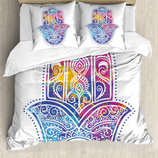 Abakuhaus Copripiumino Hamsa, Occhi Protettivi Vibranti, Antiacaro Adatto A Chi Soffre Di Allergie Con Federe, 200 Cm X 200 Cm - 80 X 80 Cm, Rosa Acquamarina Lilla-image
