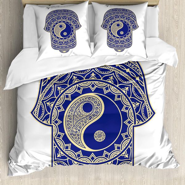 Abakuhaus Copripiumino Hamsa, Ying Yang Giapponese, Antiacaro, Adatto A Chi Soffre Di Allergie, Con Federe, 200 Cm X 200 Cm - 80 X 80 Cm, Blu Reale E Crema-image