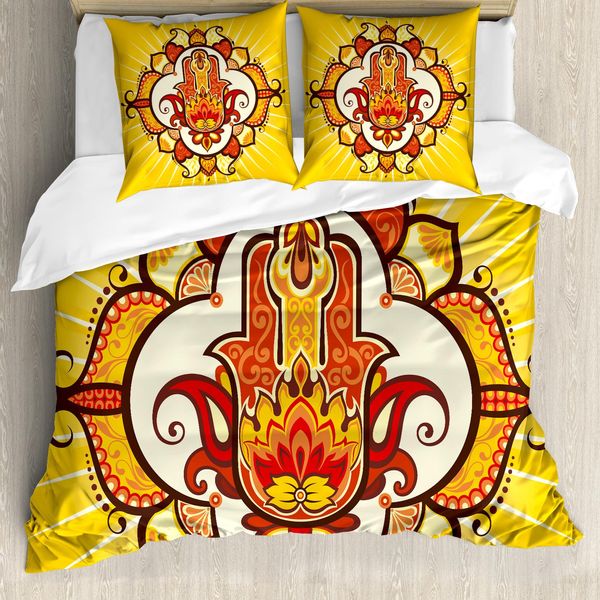 Abakuhaus Copripiumino Hamsa, Sun Aura Energie, Antiacaro, Adatto A Chi Soffre Di Allergie, Con Federe, 200 Cm X 200 Cm - 80 X 80 Cm, Giallo Arancione Marrone-image
