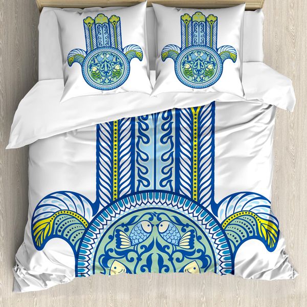 Abakuhaus Copripiumino Hamsa, Misticismo Pesci Koi, Antiacaro, Adatto A Chi Soffre Di Allergie, Con Federe, 200 Cm X 200 Cm - 80 X 80 Cm, Blu, Verde, Giallo-image
