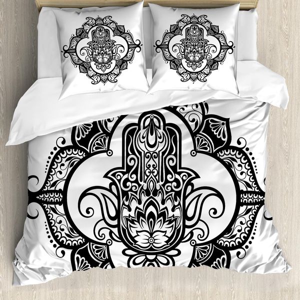 Abakuhaus Copripiumino Hamsa, Design Antico Sinuoso, Antiacaro, Adatto A Chi Soffre Di Allergie, Con Federe, 200 Cm X 200 Cm - 80 X 80 Cm, Bianco E Nero-image
