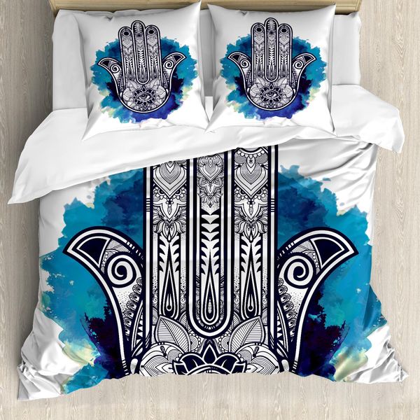 Abakuhaus Copripiumino Hamsa, Ricchi Ornamenti, Antiacaro, Adatto A Chi Soffre Di Allergie, Con Federe, 200 Cm X 200 Cm - 80 X 80 Cm, Blu Indaco Bianco-image