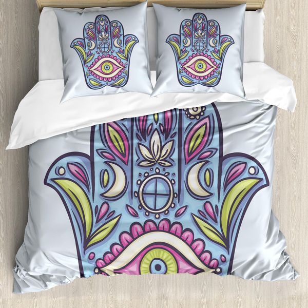 Abakuhaus Copripiumino Hamsa, Disegni Floreali Primaverili, Antiacaro, Adatto A Chi Soffre Di Allergie, Con Federe, 200 Cm X 200 Cm - 80 X 80 Cm, Blu-Rosa-Verde-image