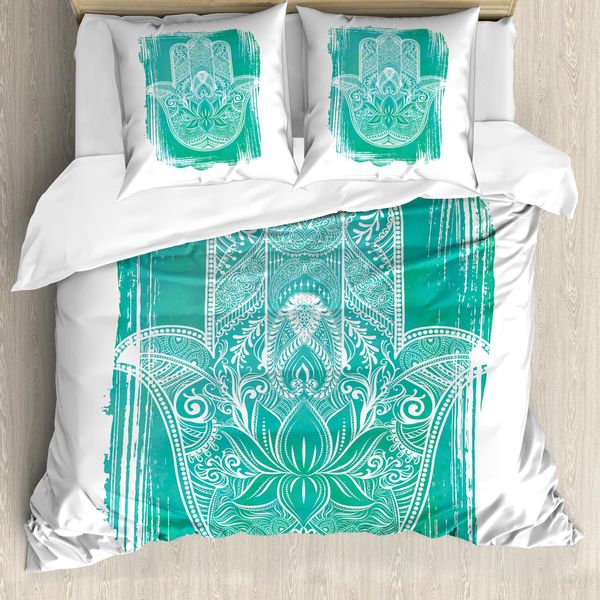 Abakuhaus Copripiumino Hamsa, Motivo Etnico Con Fiori Grungy, Antiacaro E Anallergico, Con Federe, 155 Cm X 220 Cm - 80 X 80 Cm, Turchese E Bianco-image