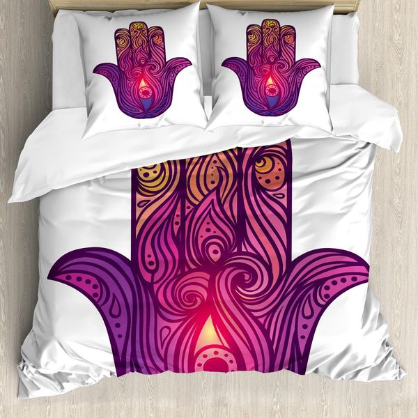 Abakuhaus Copripiumino Hamsa, Vivid Floral Aura Energie, Antiacaro, Adatto A Chi Soffre Di Allergie, Con Federe, 200 Cm X 200 Cm - 80 X 80 Cm, Viola, Rosa Pallido, Pesca-image