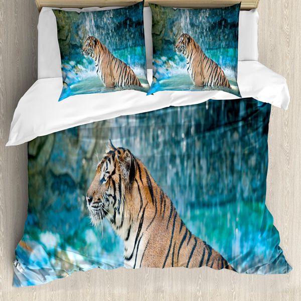 Abakuhaus Copripiumino Tiger, Felino Nello Stagno, Antiacaro, Adatto A Chi Soffre Di Allergie, Con Federe, 155 Cm X 220 Cm - 80 X 80 Cm, Marrone Chiaro Turchese-image