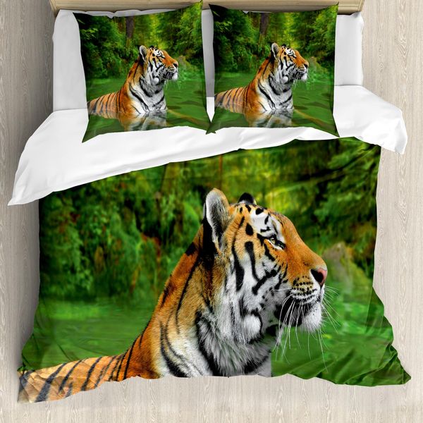 Abakuhaus Copripiumino Tiger, Gatto Selvatico Siberiano In Lake, Antiacaro, Adatto A Chi Soffre Di Allergie, Con Federe, 200 Cm X 200 Cm - 80 X 80 Cm, Verde Felce Marrone Chiaro-image