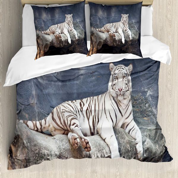 Abakuhaus Copripiumino Tiger, Gatto Selvatico Sulla Roccia, Antiacaro, Adatto A Chi Soffre Di Allergie, Con Federe, 200 Cm X 200 Cm - 80 X 80 Cm, Blu Ardesia E Bianco-image