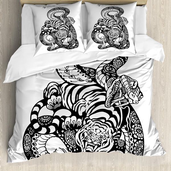 Abakuhaus Copripiumino Tiger, Motivo Serpente E Tigre, Antiacaro, Adatto A Chi Soffre Di Allergie, Con Federe, 155 Cm X 220 Cm - 80 X 80 Cm, Bianco E Nero-image