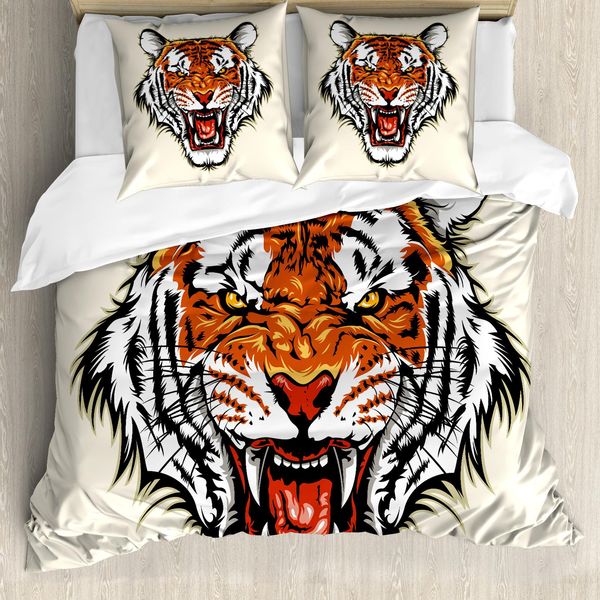 Abakuhaus Copripiumino Tiger, Pronto All'attacco Nella Giungla, Antiacaro, Adatto A Chi Soffre Di Allergie, Con Federe, 200 Cm X 200 Cm - 80 X 80 Cm, Arancione E Nero-image