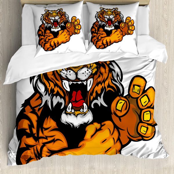 Abakuhaus Copripiumino Tiger, Cartoon Gatto Selvatico Arrabbiato, Antiacaro Adatto A Chi Soffre Di Allergie Con Federe, 200 Cm X 200 Cm - 80 X 80 Cm, Nero E Arancione-image