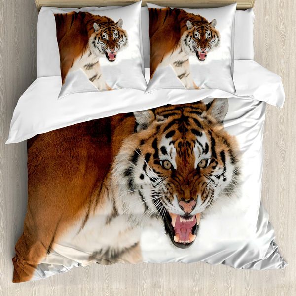Abakuhaus Copripiumino Tiger, Panthera Sulla Neve Chiusura, Antiacaro Adatto A Chi Soffre Di Allergie Con Federe, 155 Cm X 220 Cm - 80 X 80 Cm, Marrone Chiaro-image