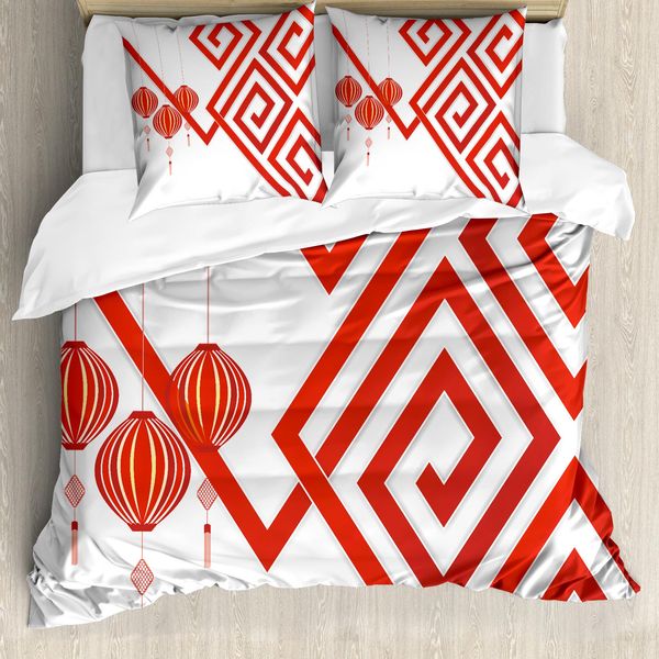 Abakuhaus Copripiumino Lanterna, Arte Astratta Cinese, Antiacaro, Adatto A Chi Soffre Di Allergie, Con Federe, 200 Cm X 200 Cm - 80 X 80 Cm, Bianco Rosso-image