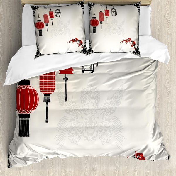 Abakuhaus Copripiumino Lanterna, Minimalista Capodanno, Antiacaro Adatto A Chi Soffre Di Allergie Con Federe, 200 Cm X 200 Cm - 80 X 80 Cm, Nero Bianco Rosso-image