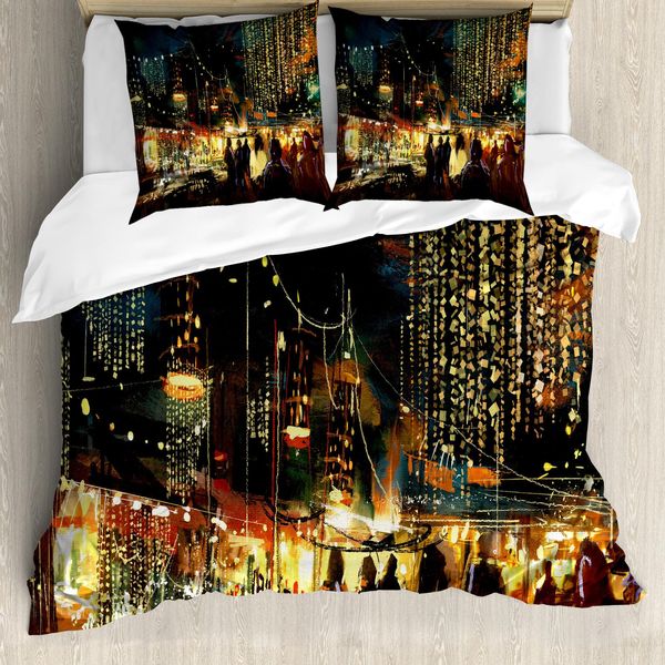 Abakuhaus Copripiumino Notte, Città-Strada Arte Colorata, Antiacaro Adatto A Chi Soffre Di Allergie Con Federe, 155 Cm X 220 Cm - 80 X 80 Cm, Multicolore-image
