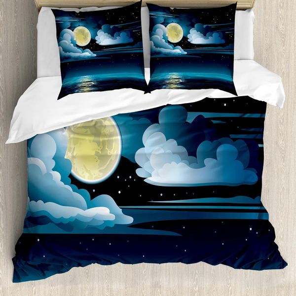 Abakuhaus Copripiumino Notte, Nuvole, Luna Piena, Stelle, Antiacaro, Adatto A Chi Soffre Di Allergie, Con Federe, 200 Cm X 200 Cm - 80 X 80 Cm, Nero, Azzurro Pallido, Guscio D'uovo-image