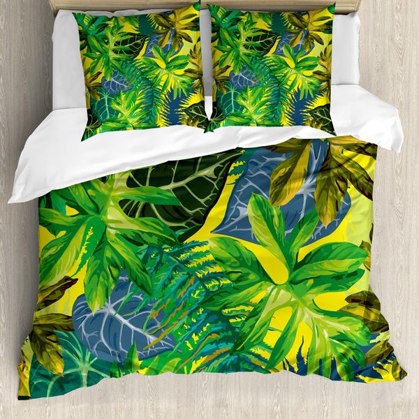 Abakuhaus Copripiumino Con Motivo Vegetale, Foglie Esotiche Acquerellate, Antiacaro, Adatto A Chi Soffre Di Allergie, Con Federe, 155 Cm X 220 Cm - 80 X 80 Cm, Multicolore-image