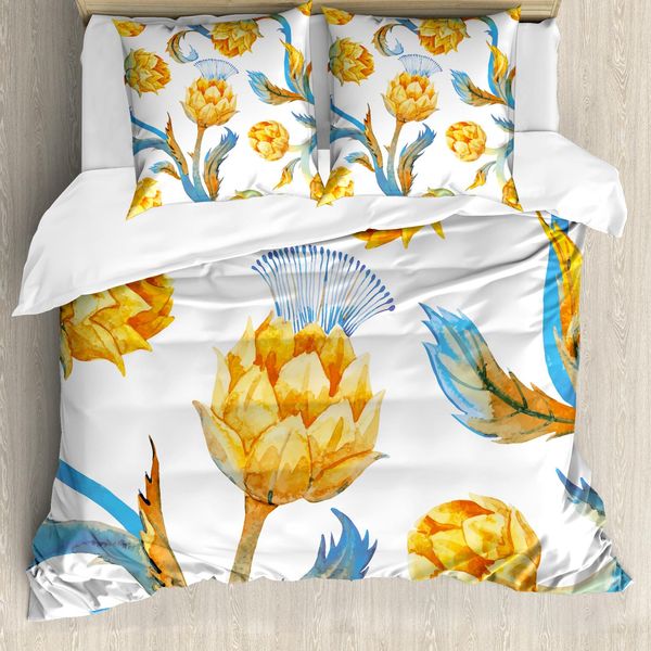 Abakuhaus Copripiumino Artichoke, Acquerello Vegetali, Antiacaro Adatto A Chi Soffre Di Allergie Con Federe, 155 Cm X 220 Cm - 80 X 80 Cm, Terra Giallo Cielo Blu-image