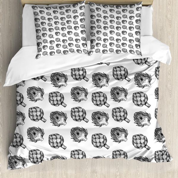 Abakuhaus Copripiumino Artichoke, Verdure Dell'orto, Antiacaro, Adatto A Chi Soffre Di Allergie, Con Federe, 200 Cm X 200 Cm - 80 X 80 Cm, Bianco E Nero-image