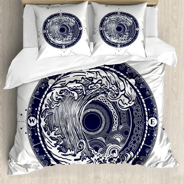 Abakuhaus Copripiumino Kompass, Sea Navigation Big Wave, Antiacaro, Adatto A Chi Soffre Di Allergie, Con Federe, 155 Cm X 220 Cm - 80 X 80 Cm, Blu Notte Bianco-image