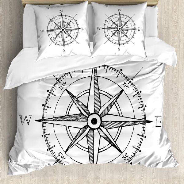 Abakuhaus Copripiumino Kompass, Rosa Dei Venti Con Indicazioni Stradali, Antiacaro, Adatto A Chi Soffre Di Allergie, Con Federe, 155 Cm X 220 Cm - 80 X 80 Cm, Bianco E Nero-image