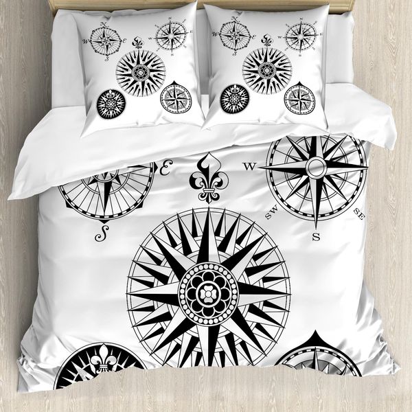 Abakuhaus Set Copripiumino Per Letti Matrimoniali, Cinque Angoli A Rosa Dei Venti, Antiacaro, Adatto A Chi Soffre Di Allergie, Con Federe, Bianco E Nero-image