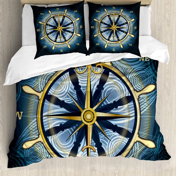 Abakuhaus Copripiumino Kompass, Yellow Navigation, Antiacaro, Adatto A Chi Soffre Di Allergie, Con Federe, 200 Cm X 200 Cm - 80 X 80 Cm, Giallo Blu Navy-image