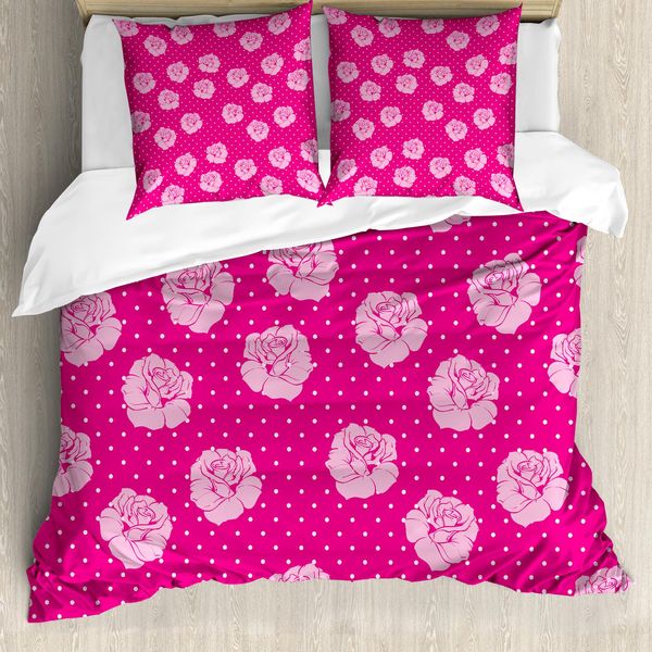 Abakuhaus Copripiumino Rosa Shocking, Motivo Vintage Con Rose E Cuori, Antiacaro E Anallergico, Con Federe, 155 Cm X 220 Cm - 80 X 80 Cm, Rosa, Rosa Pallido, Bianco-image