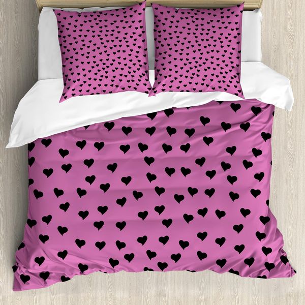 Abakuhaus Copripiumino Rosa Shocking, Black Hearts Romantic, Antiacaro, Adatto A Chi Soffre Di Allergie, Con Federe, 200 Cm X 200 Cm - 80 X 80 Cm, Fucsia Nero-image
