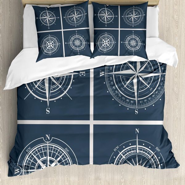Abakuhaus Copripiumino Kompass, Bianco Disegno Kompass, Antiacaro Adatto A Chi Soffre Di Allergie Con Federe, 200 Cm X 200 Cm - 80 X 80 Cm, Blu Navy E Bianco-image