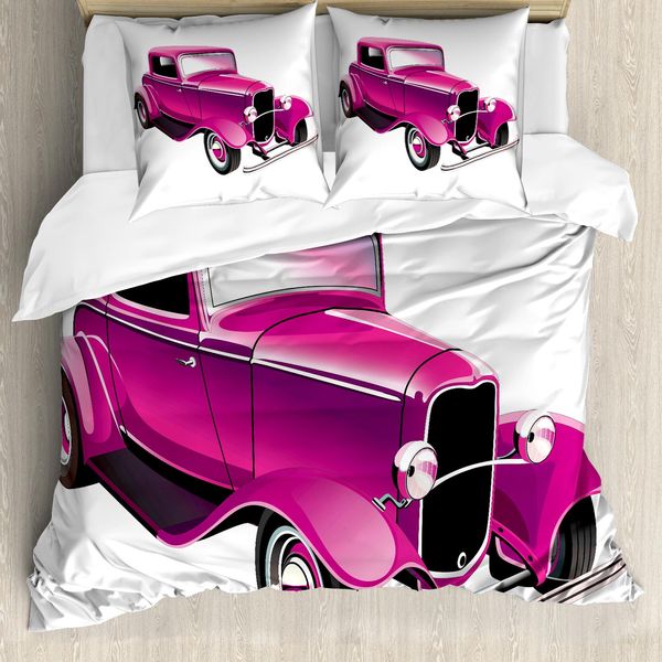 Abakuhaus Copripiumino Rosa Shocking, Auto Vintage, Antiacaro, Adatto A Chi Soffre Di Allergie, Con Federe, 200 Cm X 200 Cm - 80 X 80 Cm, Magenta Fucsia Nero-image