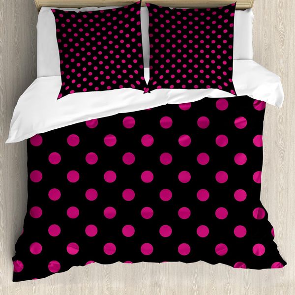 Abakuhaus Copripiumino Rosa Shocking, Pois Vintage, Antiacaro E Anallergico, Con Federe, 155 Cm X 220 Cm - 80 X 80 Cm, Nero-Rosa-image