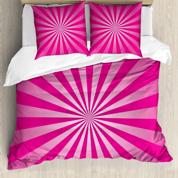 Abakuhaus Copripiumino Rosa Shocking, Strisce Frattali Retrò, Antiacaro E Anallergico, Con Federe, 155 Cm X 220 Cm - 80 X 80 Cm, Rosa E Bianco-image