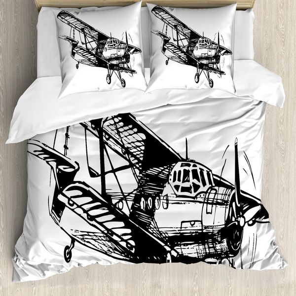 Abakuhaus Copripiumino Weinlese-Flugzeug, Disegno Artistico, Antiacaro, Adatto A Chi Soffre Di Allergie, Con Federe, 155 Cm X 220 Cm - 80 X 80 Cm, Bianco E Nero-image