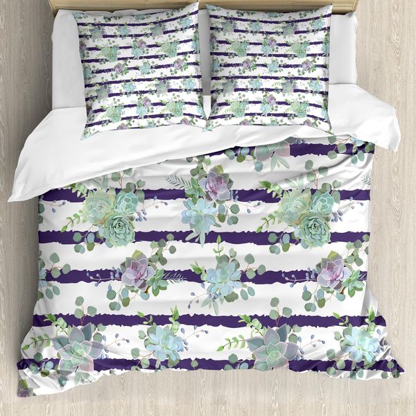 Abakuhaus Set Copripiumino Succoso Per Letti Matrimoniali, Motivo Cactus Naturale, Antiacaro, Adatto A Chi Soffre Di Allergie, Con Federe, Verde Mandorla, Viola Scuro, Bianco-image