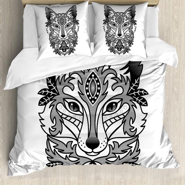 Abakuhaus Copripiumino Fuchs, Decorazione Fox Face Curves, Antiacaro, Adatto A Chi Soffre Di Allergie, Con Federe, 200 Cm X 200 Cm - 80 X 80 Cm, Grigio, Nero, Bianco-image