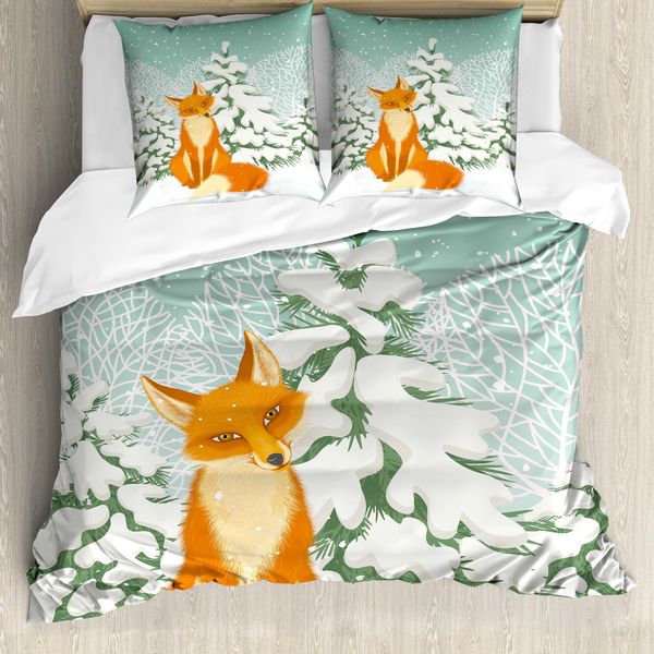 Abakuhaus Copripiumino Fuchs, Red Fox Winterwald Natale, Antiacaro, Adatto A Chi Soffre Di Allergie, Con Federe, 200 Cm X 200 Cm - 80 X 80 Cm, Mandorla, Verde, Arancione-image