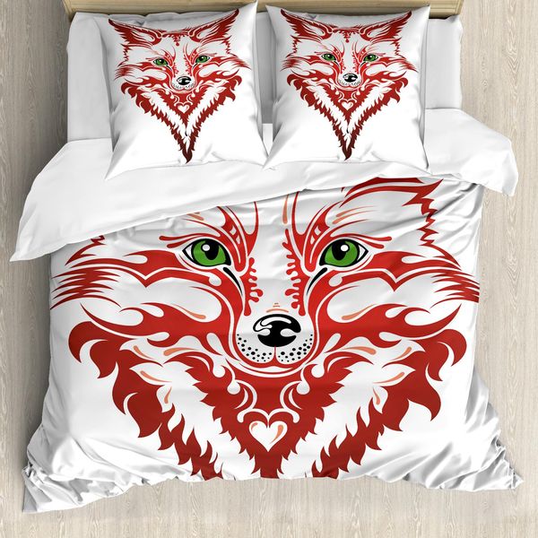 Abakuhaus Copripiumino Fuchs, Motivo Animale, Antiacaro, Adatto A Chi Soffre Di Allergie, Con Federe, 155 Cm X 220 Cm - 80 X 80 Cm, Corallo Scuro, Verde, Bianco-image