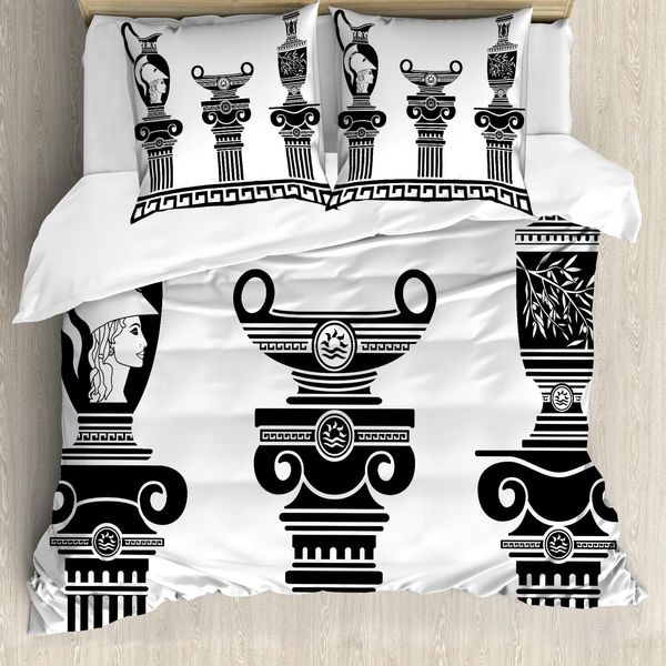 Copripiumino Abakuhaus Retro, Design Hellenic Vasen, Antiacaro E Anallergico, Con Federe, 155 Cm X 220 Cm - 80 X 80 Cm, Bianco E Nero-image