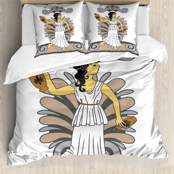 Copripiumino Abakuhaus Retro, Donna Con Anfora, Antiacaro, Adatto A Chi Soffre Di Allergie, Con Federe, 200 Cm X 200 Cm - 80 X 80 Cm, Grigio, Marrone Chiaro, Nero-image