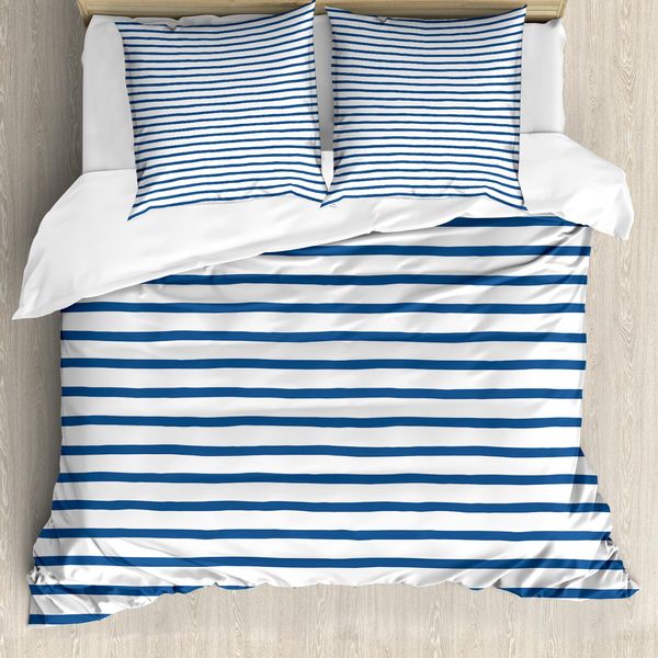 Abakuhaus Copripiumino Harbor A Righe, Disegno A Mano Mare, Antiacaro, Adatto A Chi Soffre Di Allergie, Con Federe, 155 Cm X 220 Cm - 80 X 80 Cm, Blu Notte Bianco-image