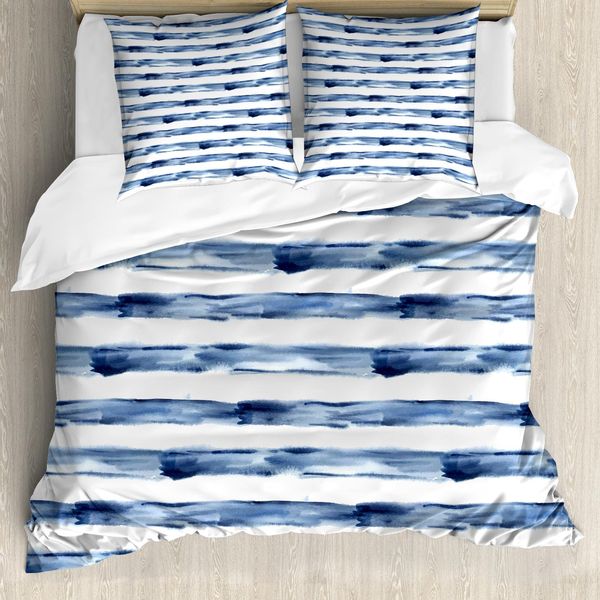 Abakuhaus Copripiumino Harbor A Righe, Pennello Ad Acquerello, Antiacaro, Adatto A Chi Soffre Di Allergie, Con Federe, 155 Cm X 220 Cm - 80 X 80 Cm, Blu Notte Bianco-image